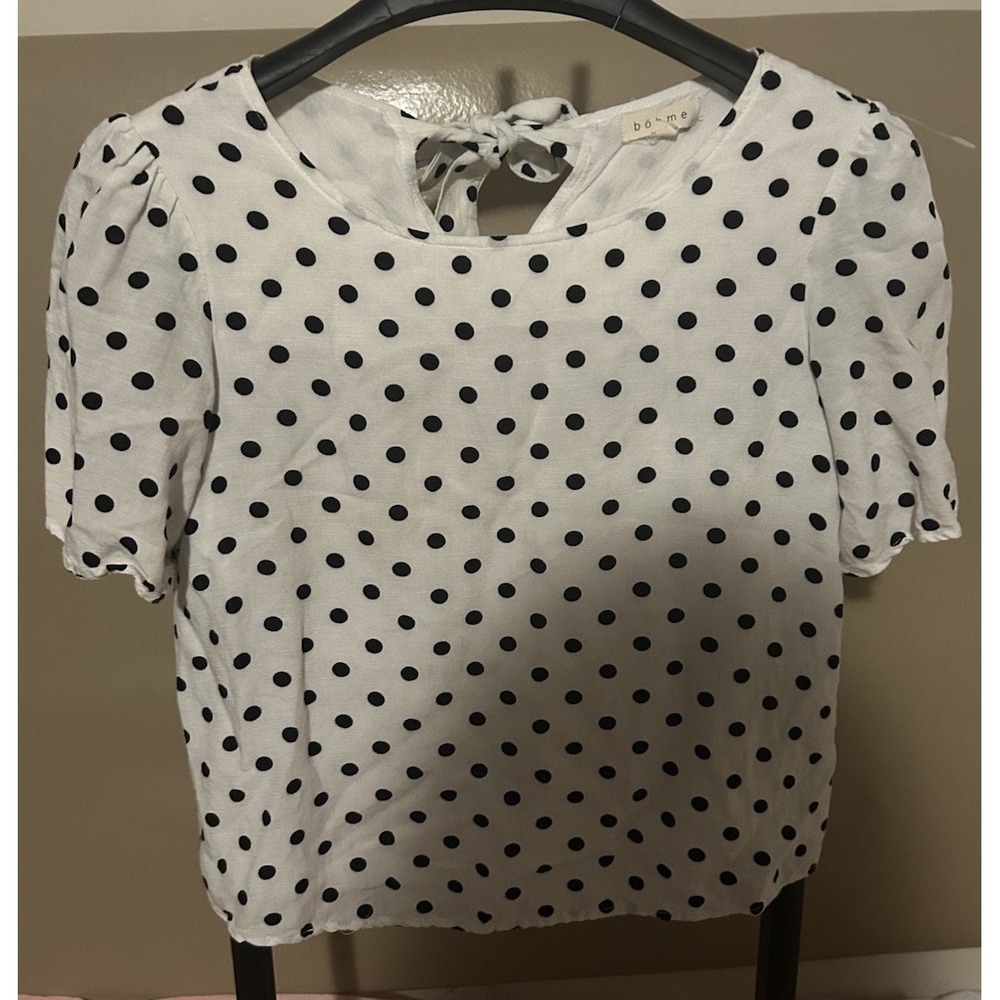 BOHME Women's White-Black Polka Dot Tie-back Short Sleeve Top SZ S Lined Cropped